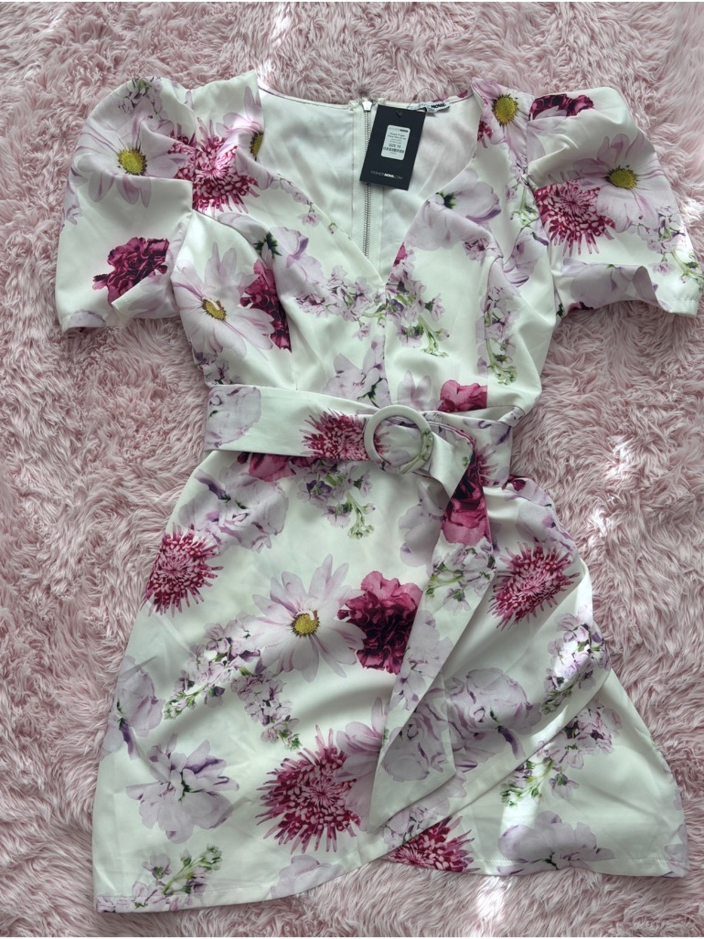 Fashion Nova White Mini Dress with Pink & Purple Floral Print